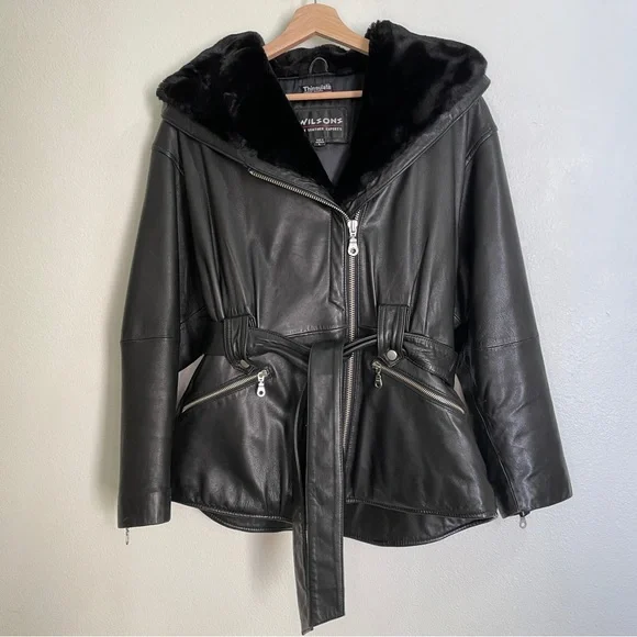 Wilsons Leather Hooded Belted Biker Jacket with Thinsulate Thermal Insulation - Picture 3 of 16